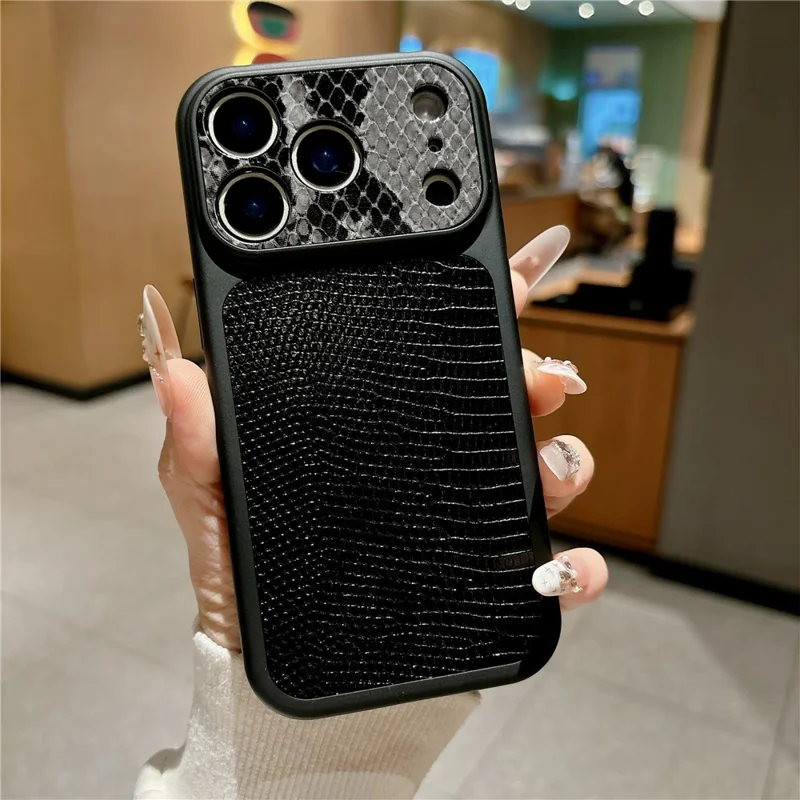 iPhone 17 Pro-hoes met textuur van hagedissenleer en slangenleer, echt koeienleer + TPU-beschermhoes - Zwart