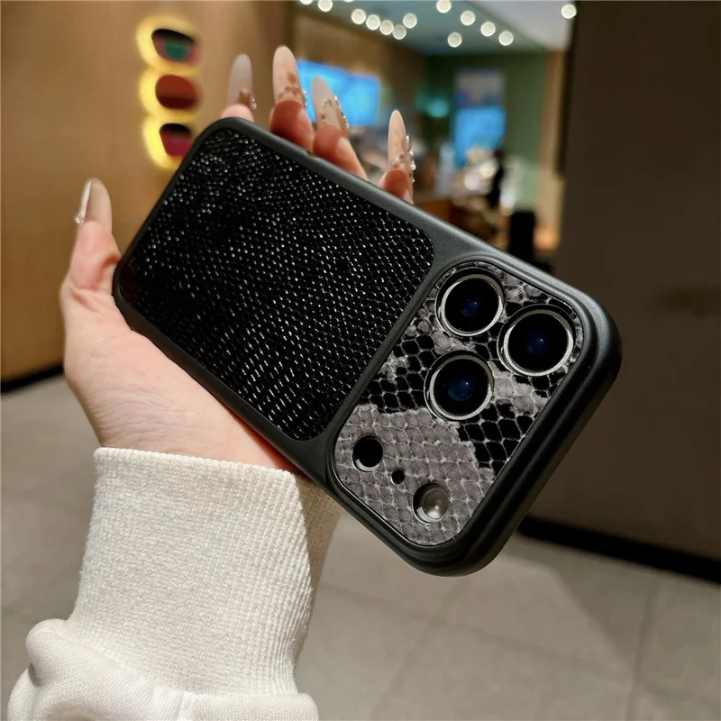 iPhone 17 Pro-hoes met textuur van hagedissenleer en slangenleer, echt koeienleer + TPU-beschermhoes - Zwart
