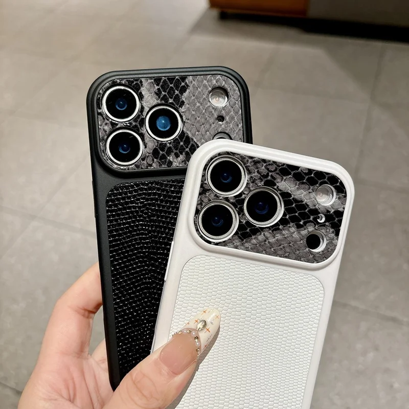 iPhone 17 Pro-hoes met textuur van hagedissenleer en slangenleer, echt koeienleer + TPU-beschermhoes - Zwart