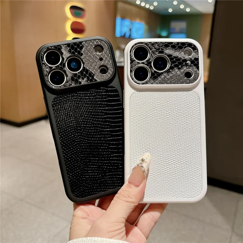 iPhone 17 Pro-hoes met textuur van hagedissenleer en slangenleer, echt koeienleer + TPU-beschermhoes - Zwart