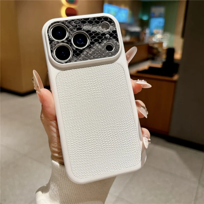 For iPhone 17 Pro Max Case Lizard Texture Snake Texture Genuine Cow Leather + TPU Protective Cover - White