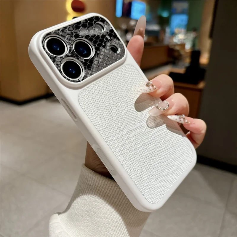 For iPhone 17 Pro Max Case Lizard Texture Snake Texture Genuine Cow Leather + TPU Protective Cover - White