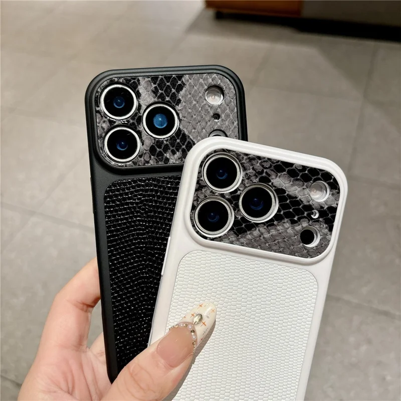 For iPhone 17 Pro Max Case Lizard Texture Snake Texture Genuine Cow Leather + TPU Protective Cover - White