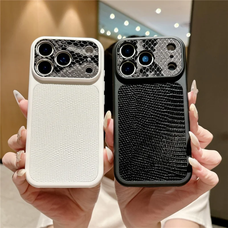 For iPhone 17 Pro Max Case Lizard Texture Snake Texture Genuine Cow Leather + TPU Protective Cover - White
