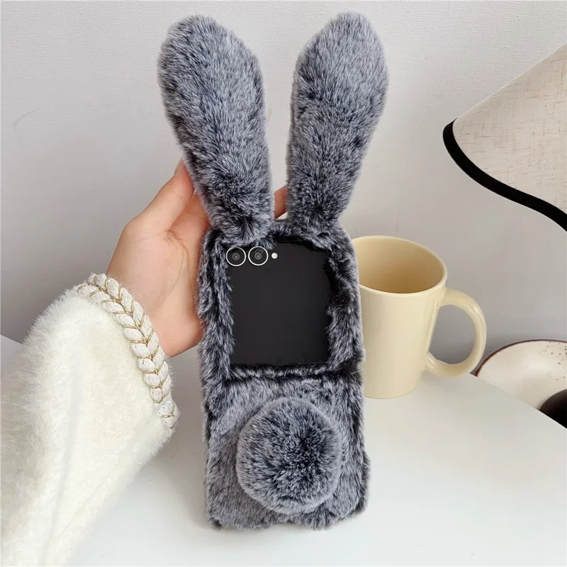 For Samsung Galaxy Z Flip8 Case Bunny Ears Winter Plush Hard PC Phone Cover - Dark Grey