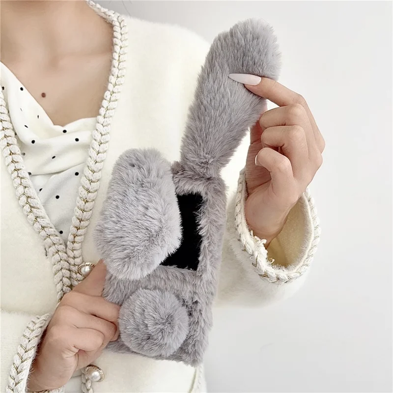 For Samsung Galaxy Z Flip8 Case Bunny Ears Winter Plush Hard PC Phone Cover - Dark Grey