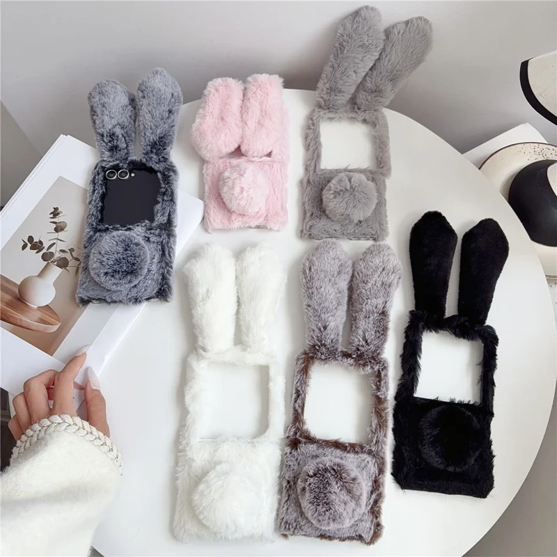 For Samsung Galaxy Z Flip8 Case Bunny Ears Winter Plush Hard PC Phone Cover - Dark Grey