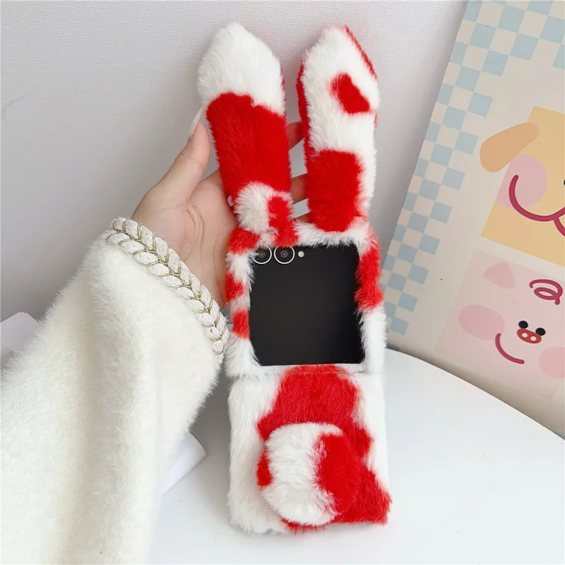 For Samsung Galaxy Z Flip8 Case Plush Rabbit Ears Cow Pattern Hard PC Fluffy Animal Phone Cover - Red