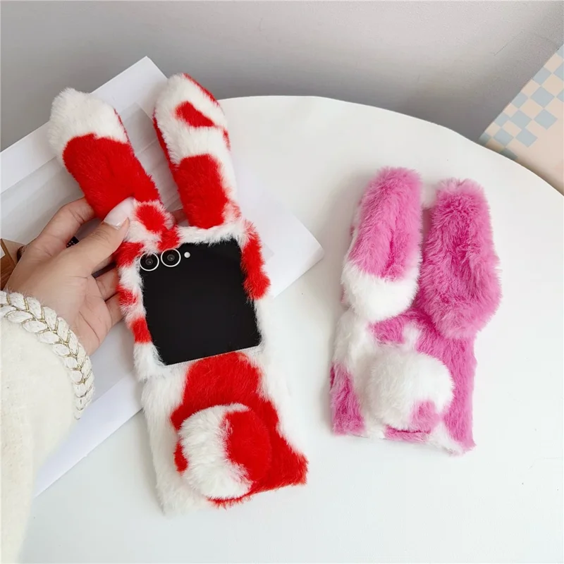 For Samsung Galaxy Z Flip8 Case Plush Rabbit Ears Cow Pattern Hard PC Fluffy Animal Phone Cover - Red