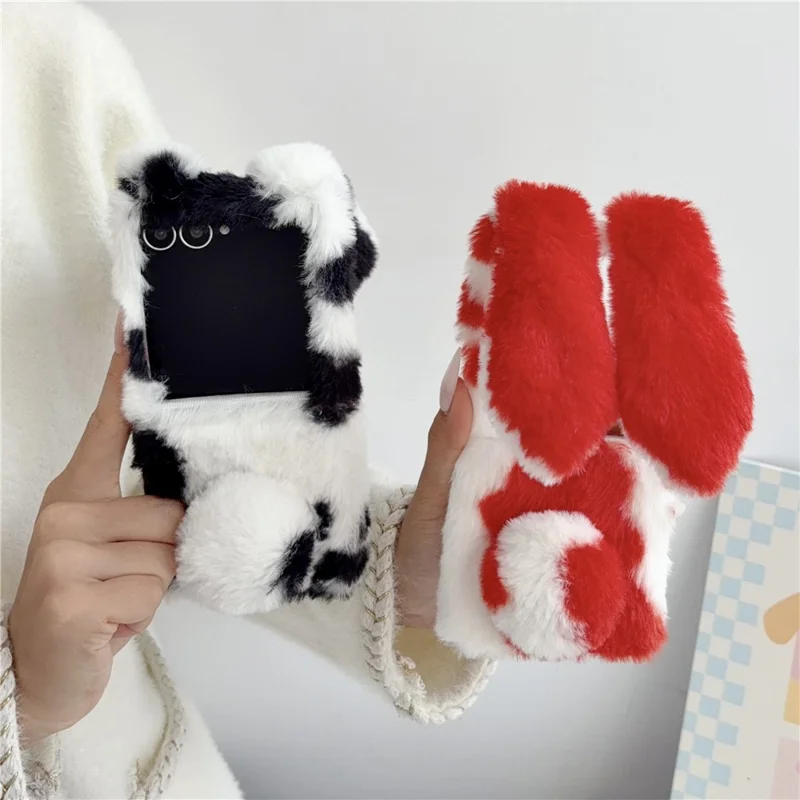 For Samsung Galaxy Z Flip8 Case Plush Rabbit Ears Cow Pattern Hard PC Fluffy Animal Phone Cover - Red