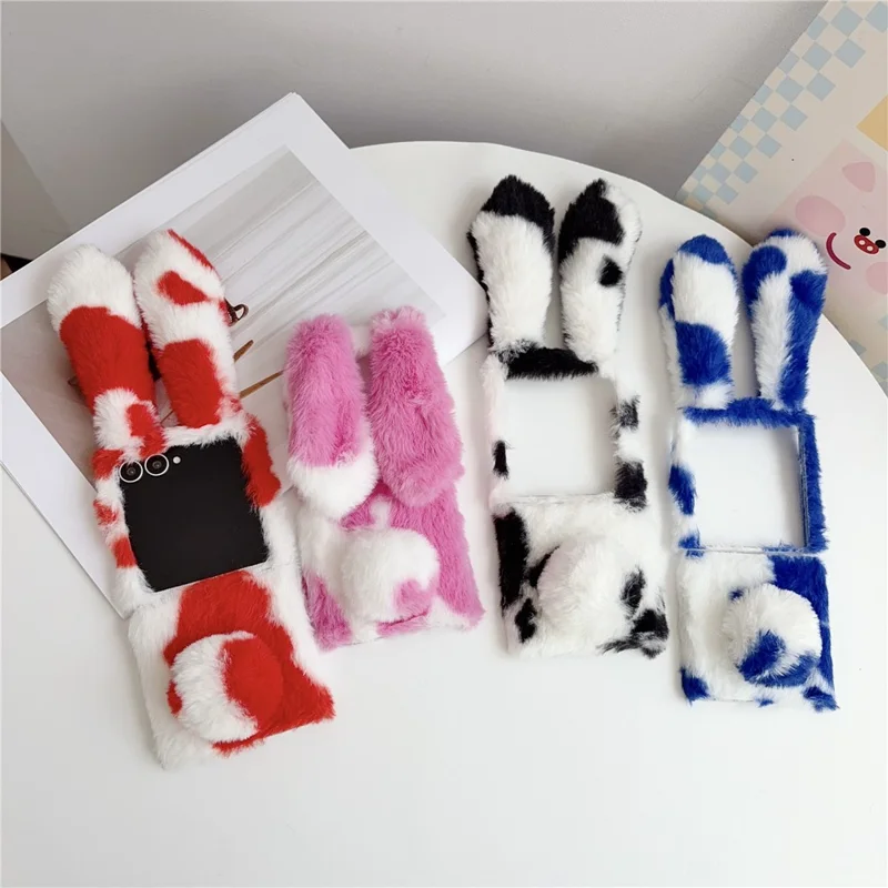 For Samsung Galaxy Z Flip8 Case Plush Rabbit Ears Cow Pattern Hard PC Fluffy Animal Phone Cover - Red