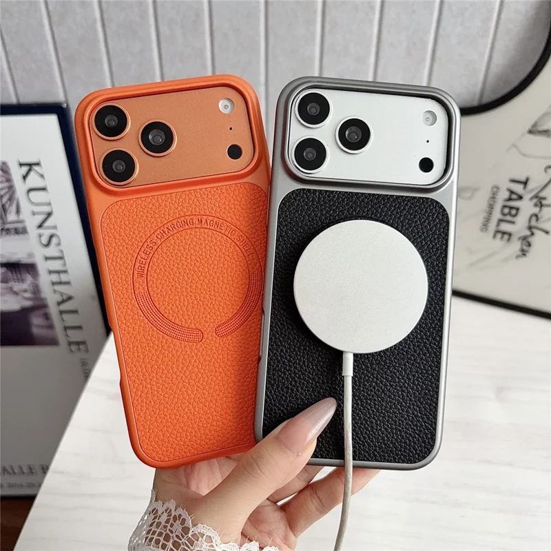 Coque magnétique pour iPhone 17 Pro Max, texture de cuir de type lychee, revêtement en cuir PU, dos en PC + TPU - Orange