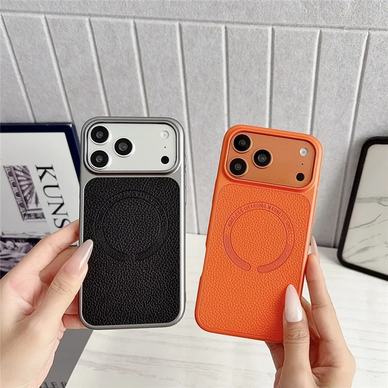 Coque magnétique pour iPhone 17 Pro Max, texture de cuir de type lychee, revêtement en cuir PU, dos en PC + TPU - Orange