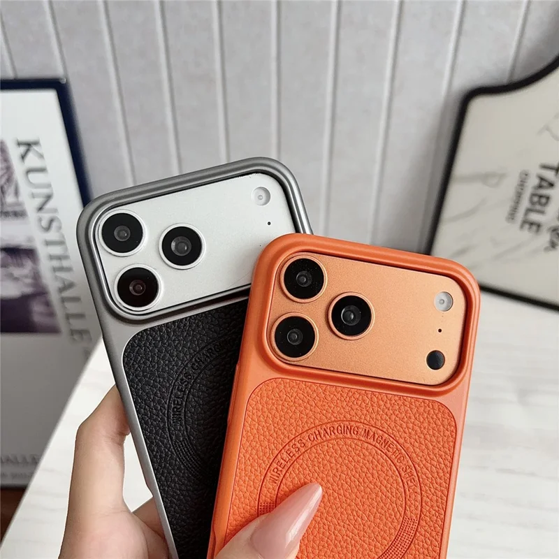 Coque magnétique pour iPhone 17 Pro Max, texture de cuir de type lychee, revêtement en cuir PU, dos en PC + TPU - Orange