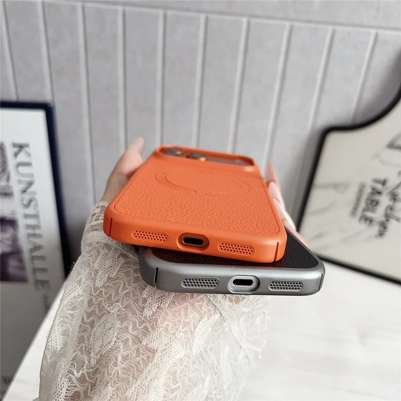 For iPhone 17 Pro Magnetic Case Litchi Texture PU Leather Coated PC + TPU Phone Back Cover - Orange