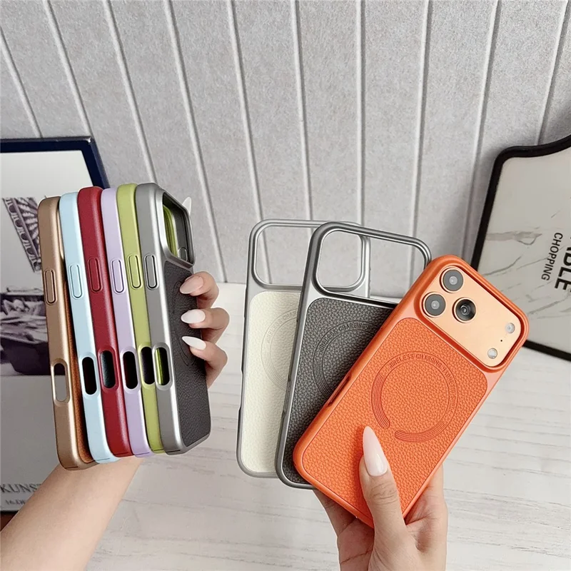 For iPhone 17 Pro Magnetic Case Litchi Texture PU Leather Coated PC + TPU Phone Back Cover - Orange