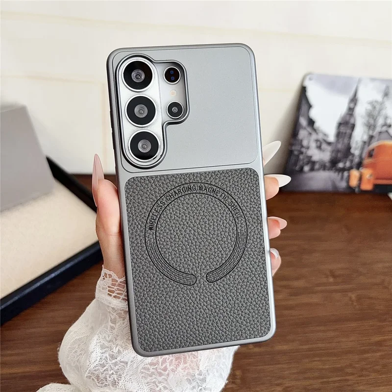 For Samsung Galaxy S26 Ultra Magnetic Case Litchi Texture PU Leather Coated PC + TPU Phone Back Cover - Matte Grey - 2