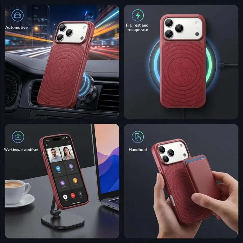 For iPhone 17 Pro Max Magnetic Case Ripple Pattern Leather Coated PC + TPU Shockproof Back Cover - Cherry Red