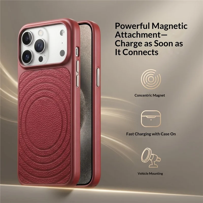 For iPhone 17 Pro Max Magnetic Case Ripple Pattern Leather Coated PC + TPU Shockproof Back Cover - Cherry Red