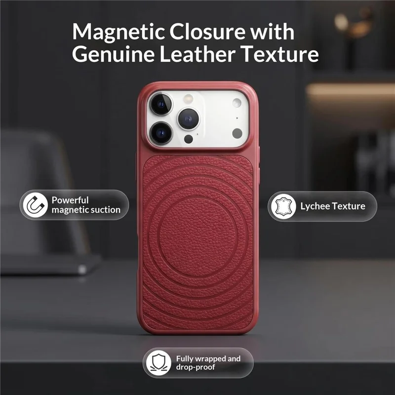 For iPhone 17 Pro Max Magnetic Case Ripple Pattern Leather Coated PC + TPU Shockproof Back Cover - Cherry Red