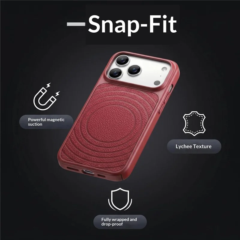 For iPhone 17 Pro Max Magnetic Case Ripple Pattern Leather Coated PC + TPU Shockproof Back Cover - Cherry Red