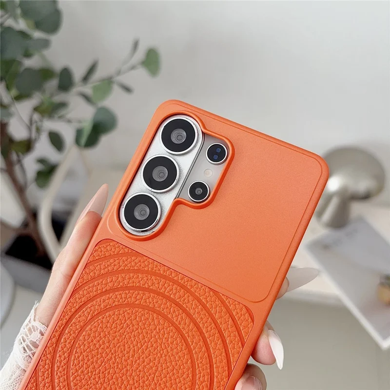Магнитный чехол для Samsung Galaxy S26 Ultra с рисунком волны, с покрытием из искусственной кожи, из поликарбоната и ТПУ, ударопрочный задний чехол — оранжевый