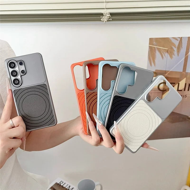 Магнитный чехол для Samsung Galaxy S26 Ultra с рисунком волны, с покрытием из искусственной кожи, из поликарбоната и ТПУ, ударопрочный задний чехол — оранжевый