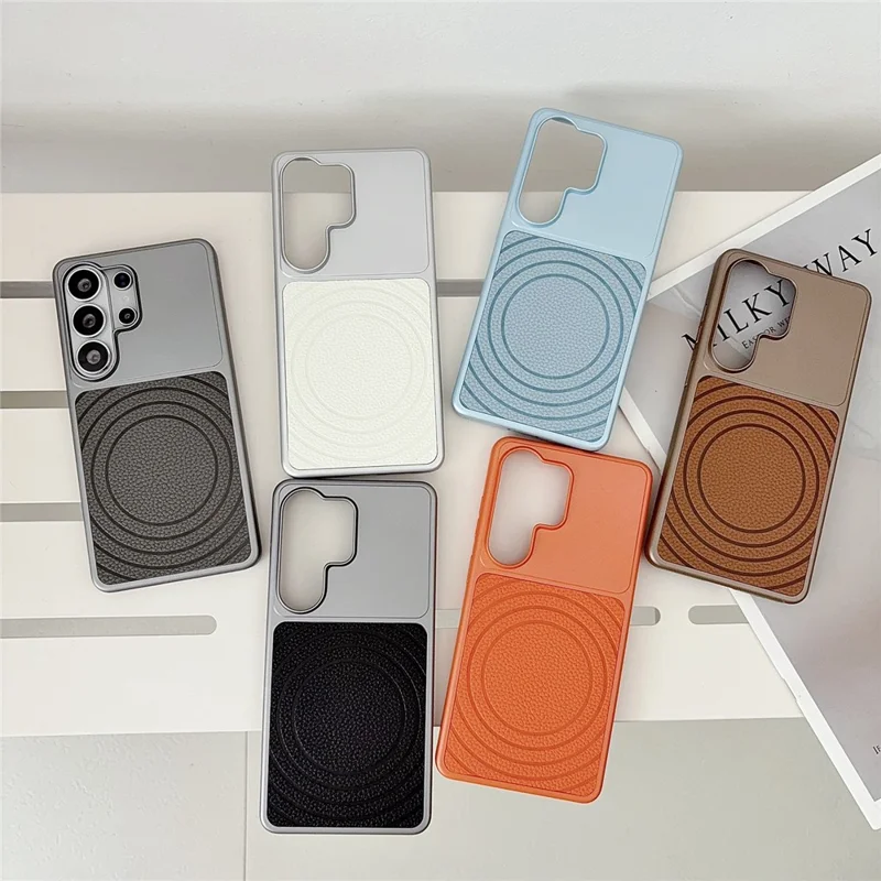 Магнитный чехол для Samsung Galaxy S26 Ultra с рисунком волны, с покрытием из искусственной кожи, из поликарбоната и ТПУ, ударопрочный задний чехол — оранжевый
