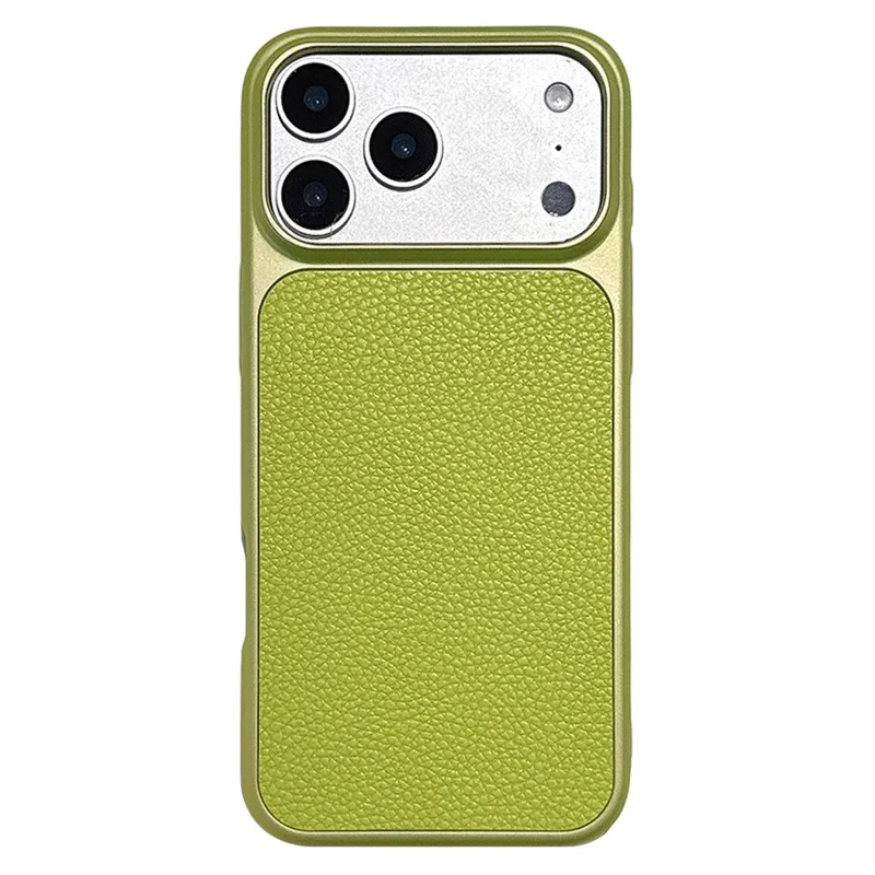 For iPhone 17 Pro Max Case Metal Paint Litchi Texture Leather Coated PC + TPU Protective Phone Cover - Lime Green