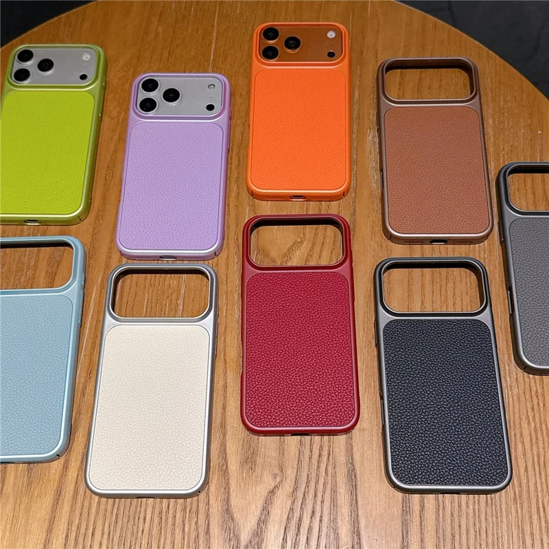 For iPhone 17 Pro Max Case Metal Paint Litchi Texture Leather Coated PC + TPU Protective Phone Cover - Lime Green