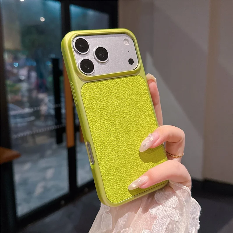 For iPhone 17 Pro Max Case Metal Paint Litchi Texture Leather Coated PC + TPU Protective Phone Cover - Lime Green