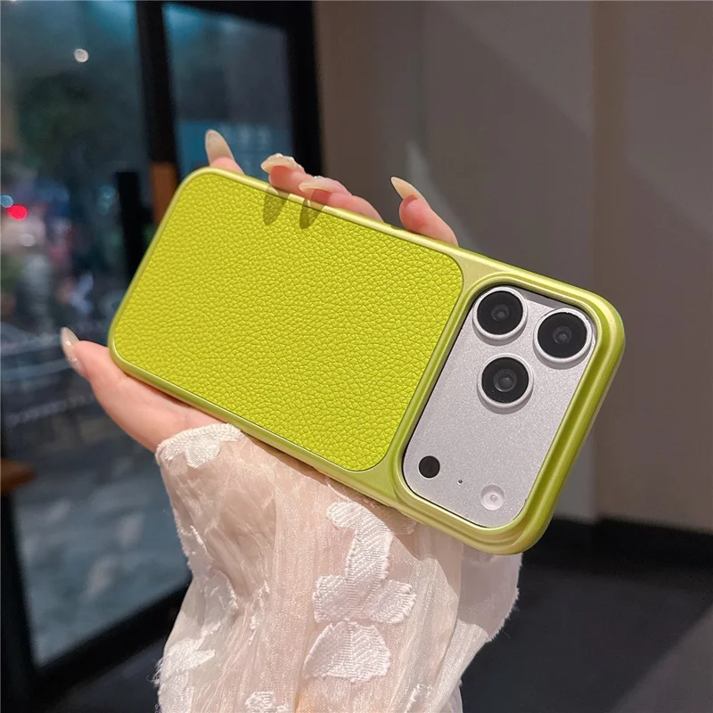 For iPhone 17 Pro Max Case Metal Paint Litchi Texture Leather Coated PC + TPU Protective Phone Cover - Lime Green