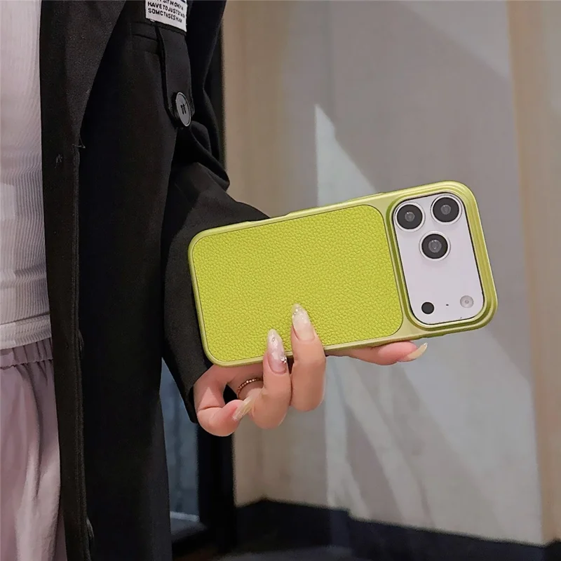 For iPhone 17 Pro Max Case Metal Paint Litchi Texture Leather Coated PC + TPU Protective Phone Cover - Lime Green