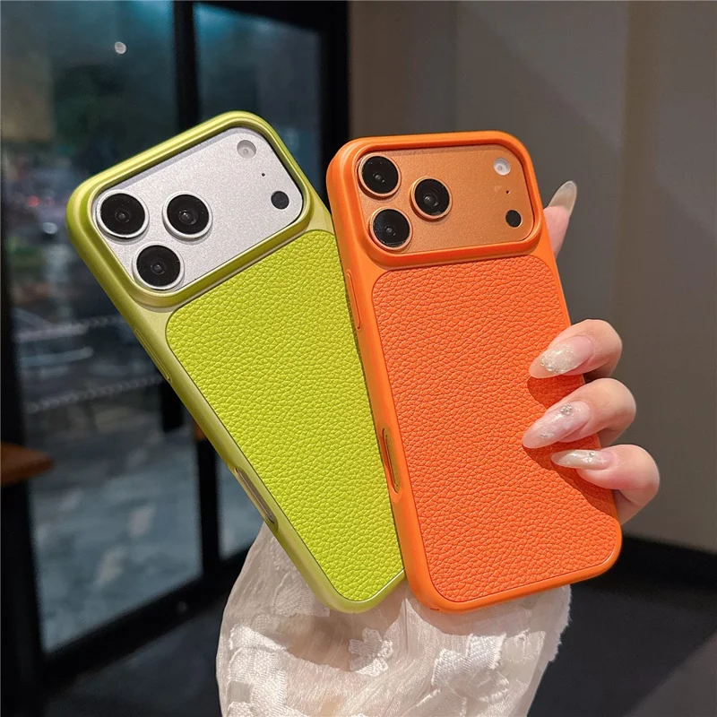 For iPhone 17 Pro Max Case Metal Paint Litchi Texture Leather Coated PC + TPU Protective Phone Cover - Lime Green