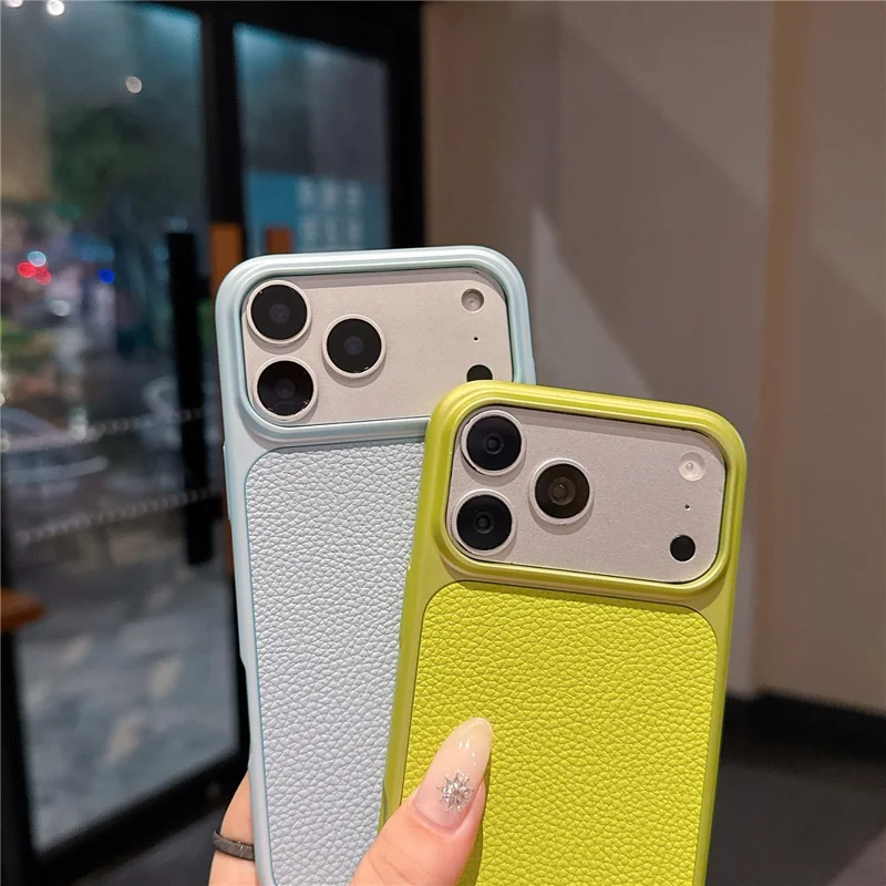 For iPhone 17 Pro Max Case Metal Paint Litchi Texture Leather Coated PC + TPU Protective Phone Cover - Lime Green