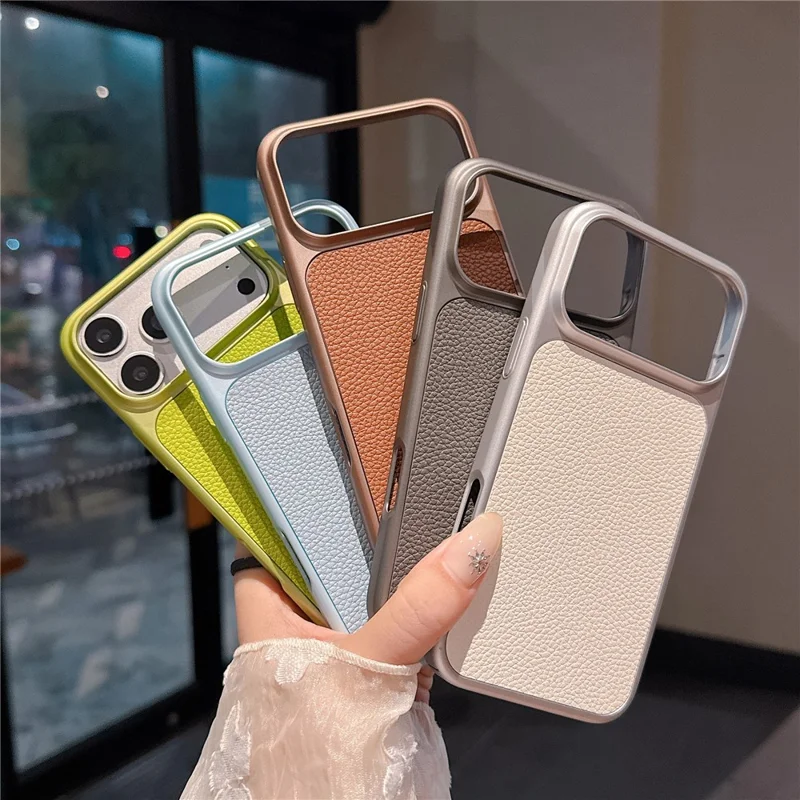 For iPhone 17 Pro Max Case Metal Paint Litchi Texture Leather Coated PC + TPU Protective Phone Cover - Lime Green