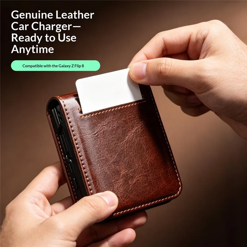 QIALINO For Samsung Galaxy Z Flip8 Case Genuine Cow Leather + PC Phone Cover with Card Slot - Brown