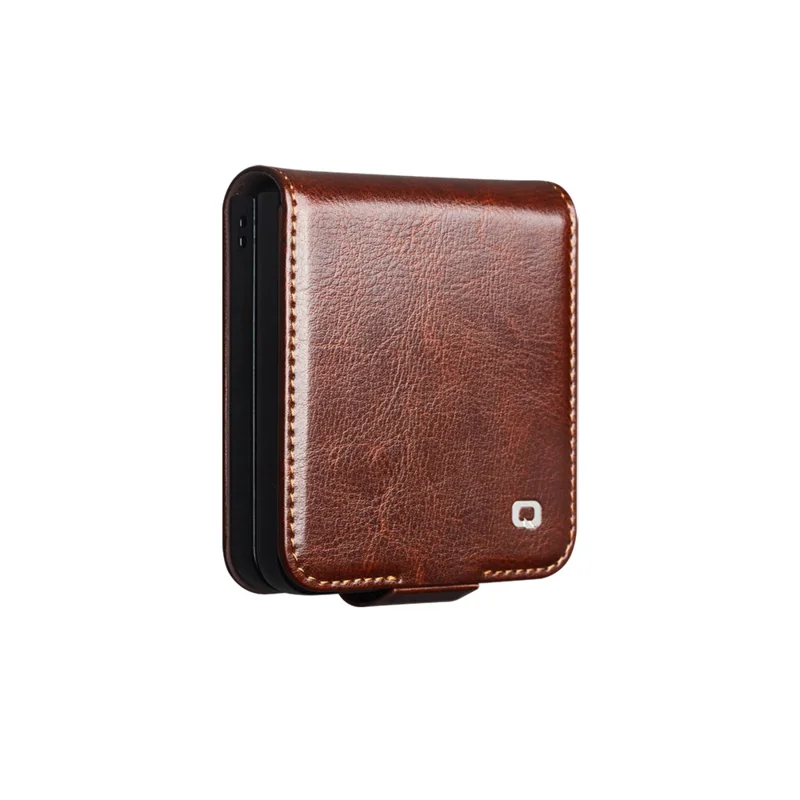 QIALINO For Samsung Galaxy Z Flip8 Case Genuine Cow Leather + PC Phone Cover with Card Slot - Brown