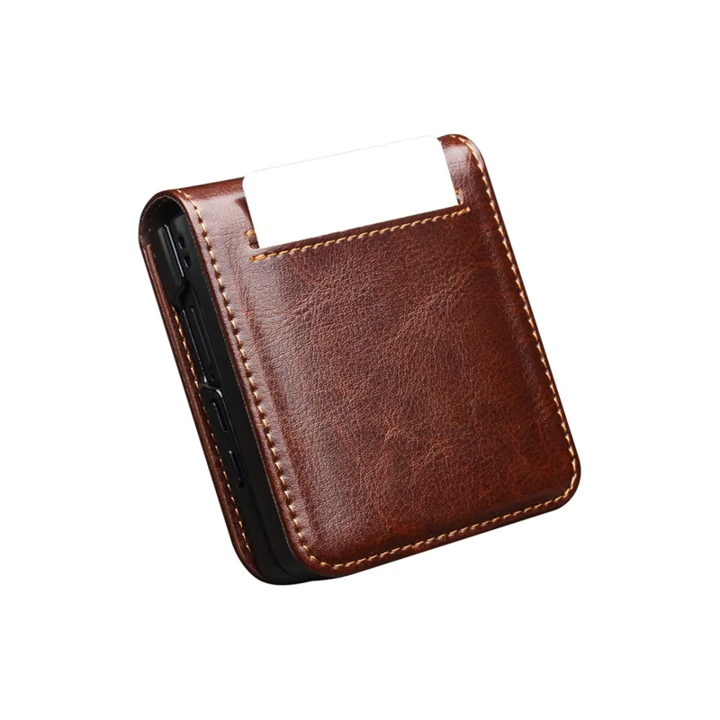 QIALINO For Samsung Galaxy Z Flip8 Case Genuine Cow Leather + PC Phone Cover with Card Slot - Brown