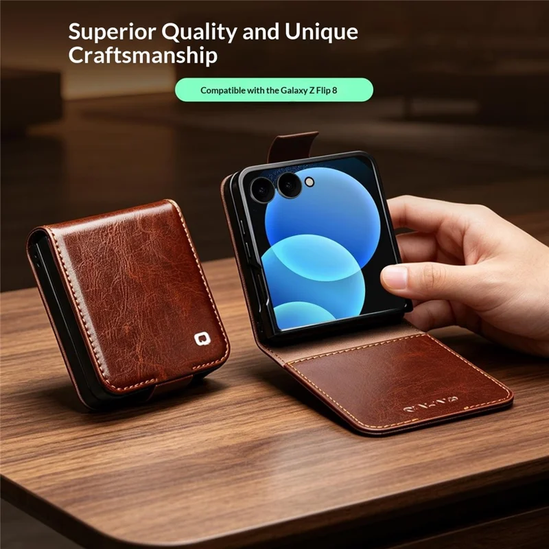 QIALINO For Samsung Galaxy Z Flip8 Case Genuine Cow Leather + PC Phone Cover with Card Slot - Brown
