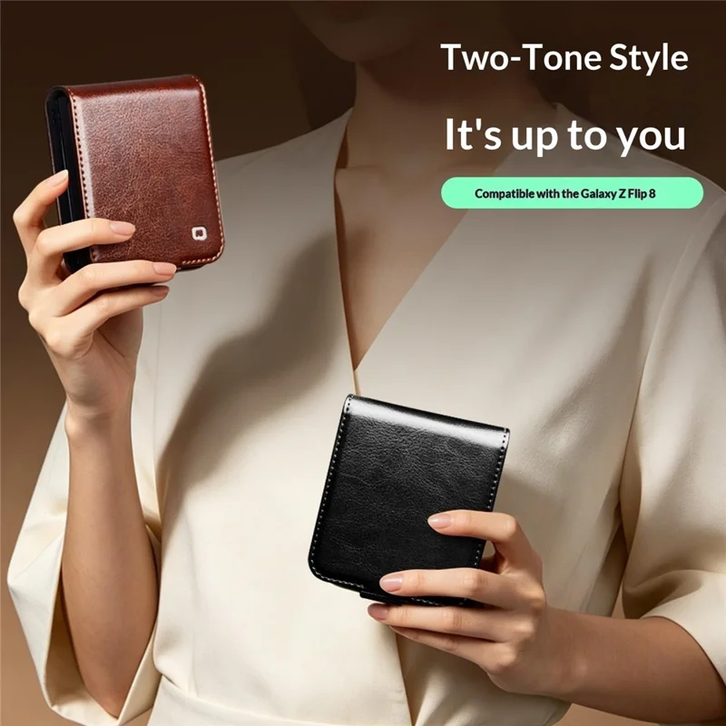 QIALINO For Samsung Galaxy Z Flip8 Case Genuine Cow Leather + PC Phone Cover with Card Slot - Brown