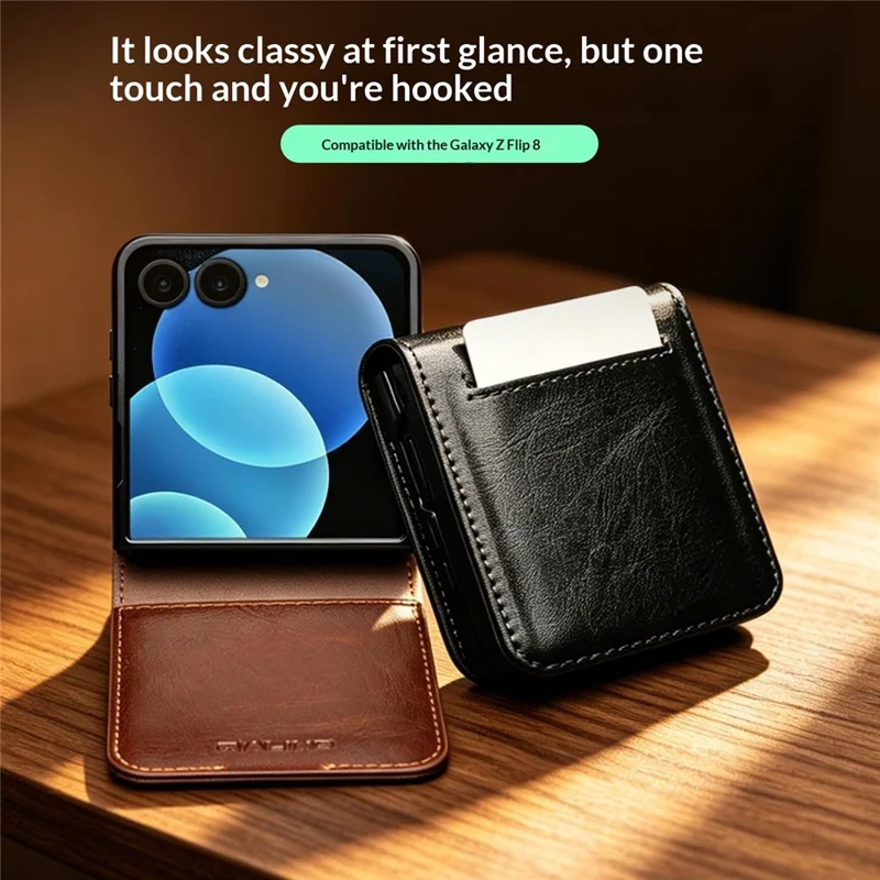 QIALINO For Samsung Galaxy Z Flip8 Case Genuine Cow Leather + PC Phone Cover with Card Slot - Brown