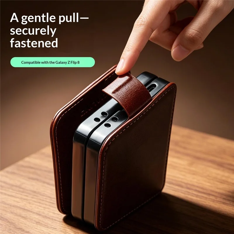 QIALINO For Samsung Galaxy Z Flip8 Case Genuine Cow Leather + PC Phone Cover with Card Slot - Brown