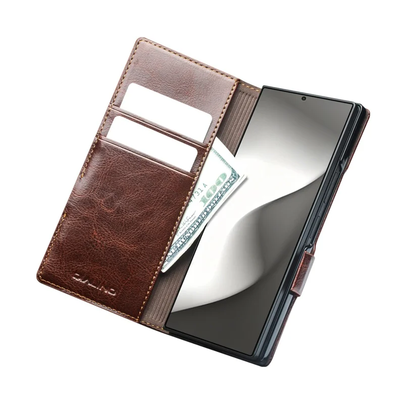 QIALINO For Samsung Galaxy Z Fold8 Ultra Case Genuine Cow Leather Stand Wallet Phone Cover - Brown