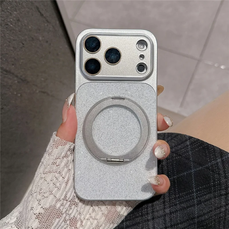 Voor iPhone 17 Pro hoesje draaibare magnetische standaard glinsterend PU leer telefoon achterklep - Zilver