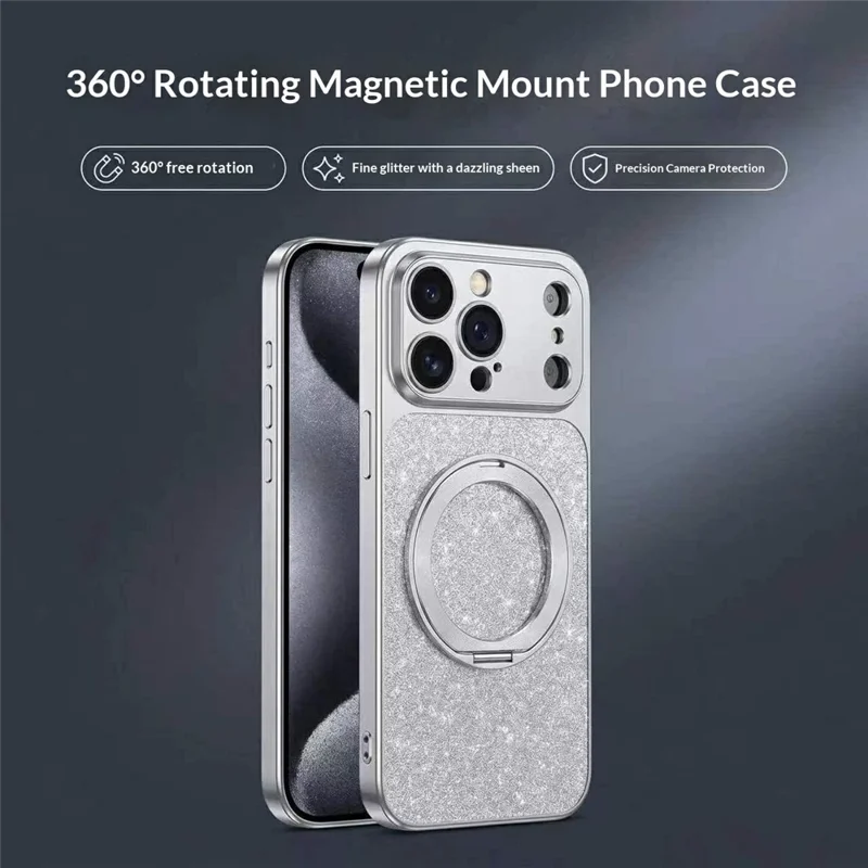 Voor iPhone 17 Pro hoesje draaibare magnetische standaard glinsterend PU leer telefoon achterklep - Zilver