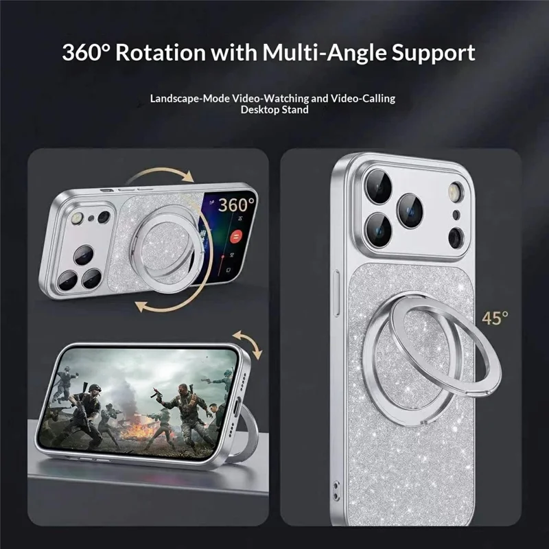 Voor iPhone 17 Pro hoesje draaibare magnetische standaard glinsterend PU leer telefoon achterklep - Zilver