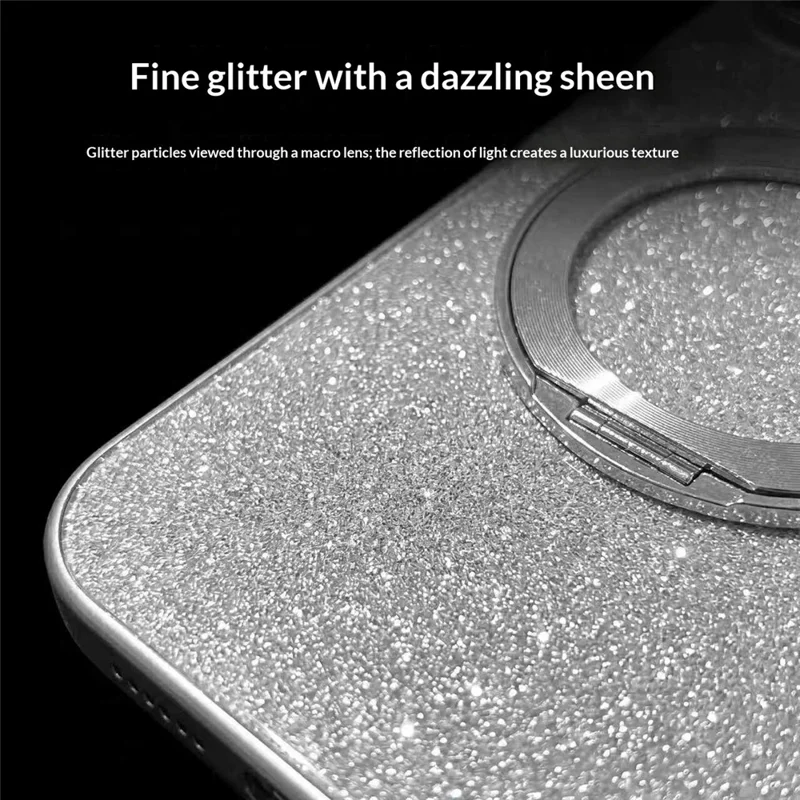 Voor iPhone 17 Pro hoesje draaibare magnetische standaard glinsterend PU leer telefoon achterklep - Zilver