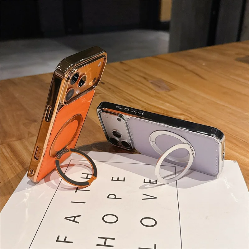Funda para iPhone 17 Pro Max con soporte trasero magnético giratorio y revestimiento de cuero - Naranja