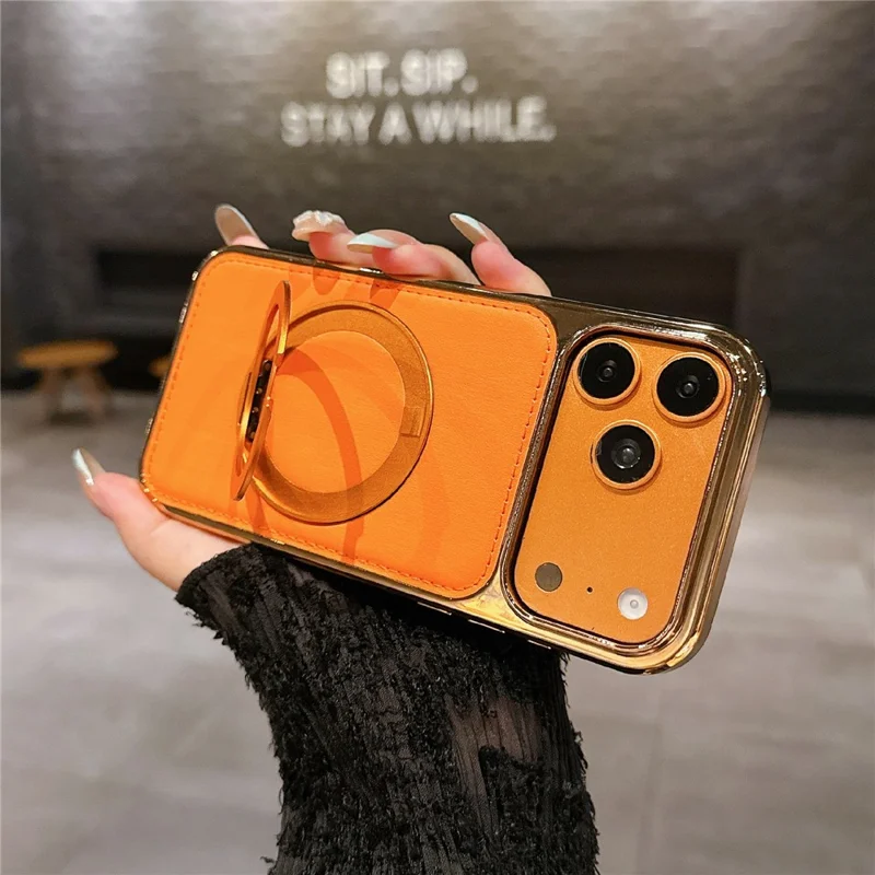 Funda para iPhone 17 Pro Max con soporte trasero magnético giratorio y revestimiento de cuero - Naranja